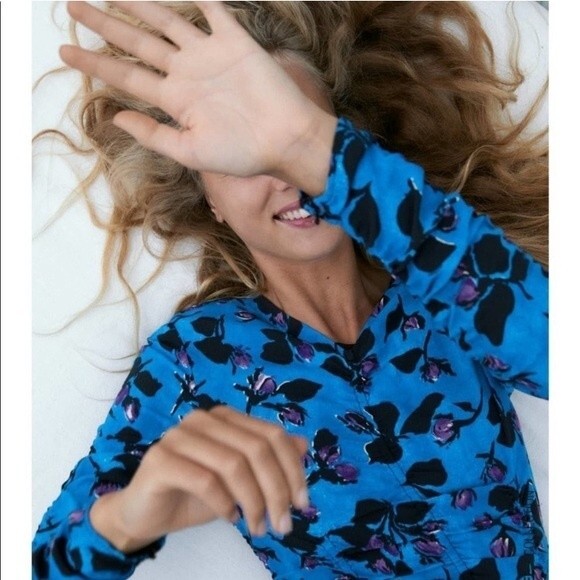 ZARA DRAPED PRINT DRESS Mid-blue 0/8334/4 Size XSmall - Picture 4 of 11